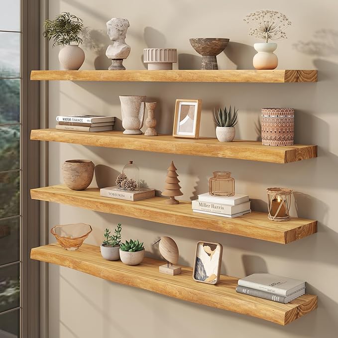 fuqing Live Edge Floating Shelves for Wall 48 inch, 8 Inch Deep Solid Elm Wood Floating Wall Shelves - Rustic Wooden Shelves 