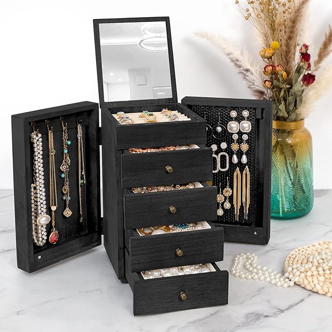 Meangood Jewelry Box Wood for Women, 5-Layer Large Organizer Box with Mirror & 4 Drawers for Rings, Earrings, Necklaces, Blac