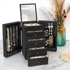 Meangood Jewelry Box Wood for Women, 5-Layer Large Organizer Box with Mirror & 4 Drawers for Rings, Earrings, Necklaces, Blac