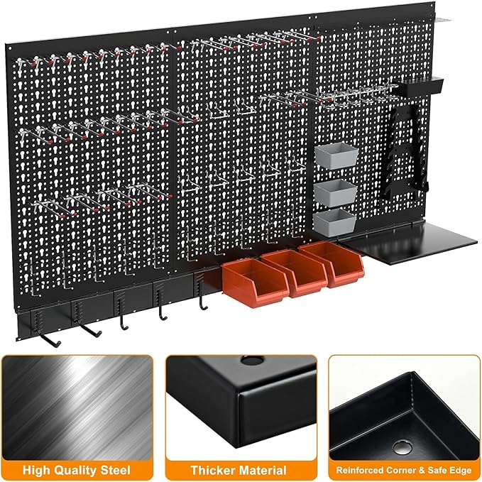 TORACK Metal Pegboard Wall Organizer System for Garage, 109PCS Kit with Pegboard Bins, Hooks, Peg Locks, Black Steel