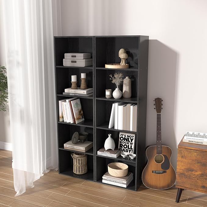 Wooden 5 Cube Storage Organizer, Black 5 Tier Bookcase Bookshelf Freestanding Storage Display Organizer, Versatile Cubes Open