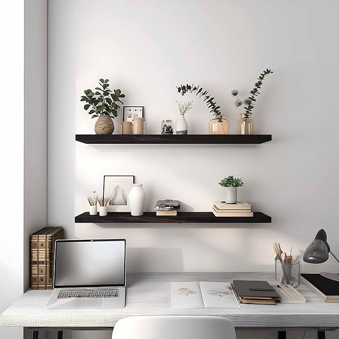 PHPH 36 Inch Wood Floating Shelves for Wall, Wooden Wall Shelves for Bedroom, Set of 4 Brown