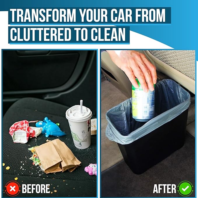 Car Trash Can for Car Garbage: Car Waste Bin w/Floor Mat Clip, Bag Securement Band and Liner for Drivers and Passengers; 3 Gallon Garbage Container for Vehicle, Sedan, SUV, Van, MPV & Truck (Black)