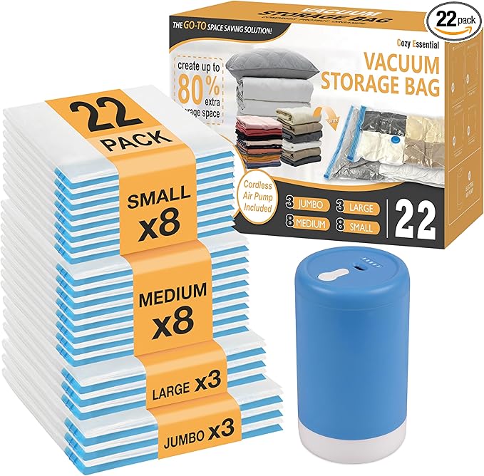 Cozy Essential Travel Vacuum Storage Bags with Rechargeable Cordless USB Pump, Space Saver Bags for Luggage, Suitcase, Carry-