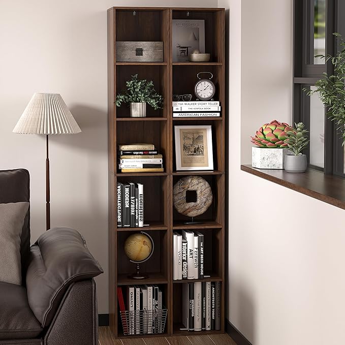 6 Cube Storage Organizer, Narrow Open Shelf Bookcase, Freestanding 6 Tier Low Display Bookshelf for Home Office, Living Room,