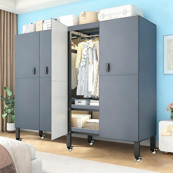 YTLEMON Heavy Duty Clothes Rack with Magnetic Door, Metal Foldable Covered Clothes Rack, Portable Wardroobe Closet System for