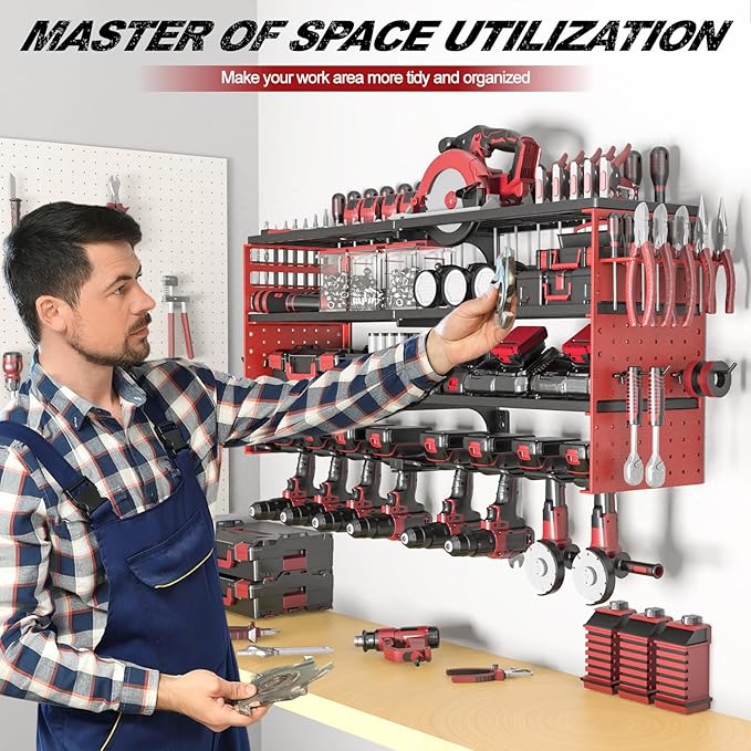 Power Tool Organizer Wall Mount, Cordless Drill Hanger Storage Rack 8 Drill Holder, 4 Layer Heavy Metal Large Capacity Tool R