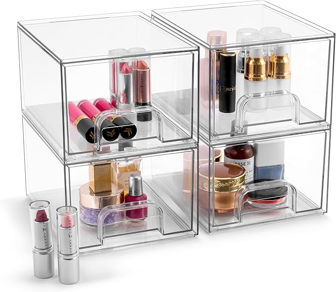 Sorbus Acrylic Storage Containers - 4 Pack, Stackable Storage Bins Set for Bathroom Organization - Clear Acrylic Drawer Organ