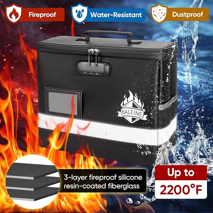BALEINE Fireproof Document Box with Lock, Portable Fireproof Document Bag Waterproof Fire Proof File Boxes for Documents, Fil
