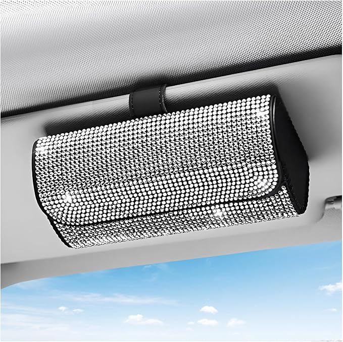 Sunglasses Holder for Car Sun Visor, Bling Leather Eyeglasses Visor Storage Case with Hidden Magnetic Closure, Sparkling Auto Visors Protective Organizer Storage Box (White)