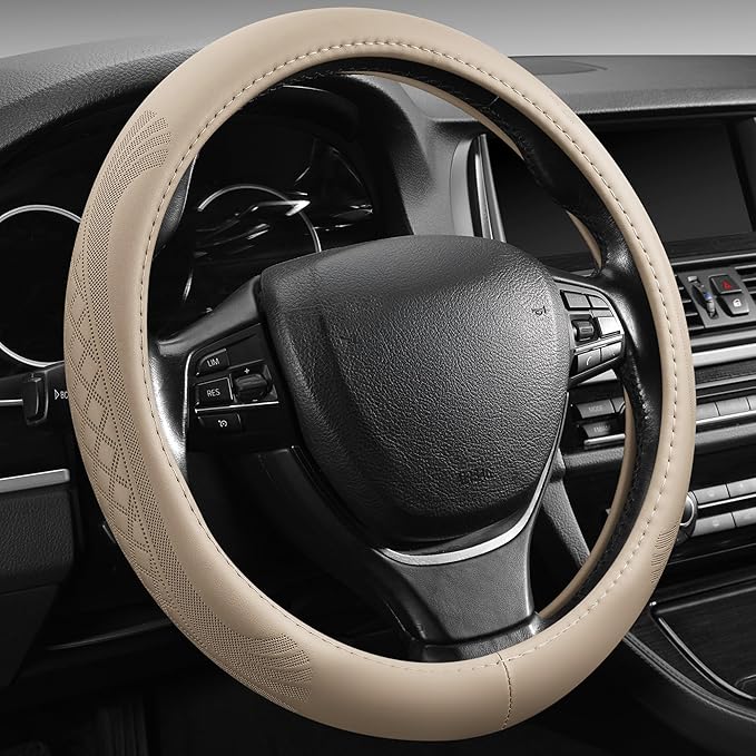 【2025 Model】 Breathable Soft Leather Car Steering Wheel Cover for Men Women, Non-Slip, Comfortable,Universal 15 inches Steeri