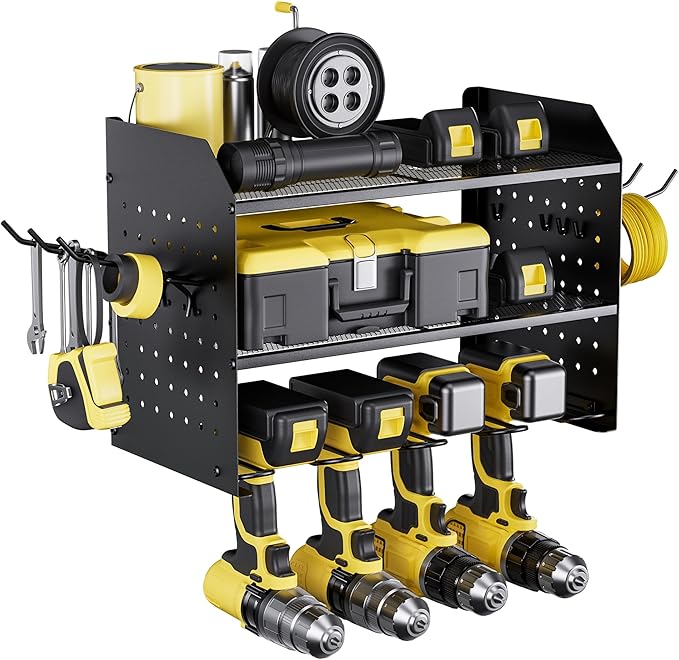 TRZZ Power Tool Organizer Wall Mount, 3-Layer Drill Holder with 2 Side Pegboards, Cordless Drill Rack with 4 Hooks, Efficient