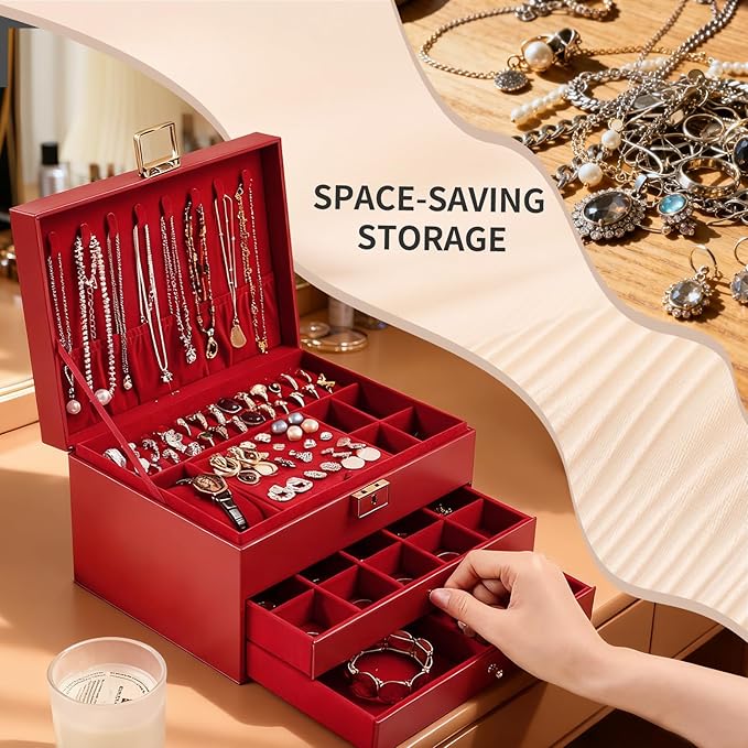 Greenfeather Jewelry Boxes for Women, Jewelry Organizer Box with Lid 3 Layers for Necklaces Rings Earrings and Bracelets Box 