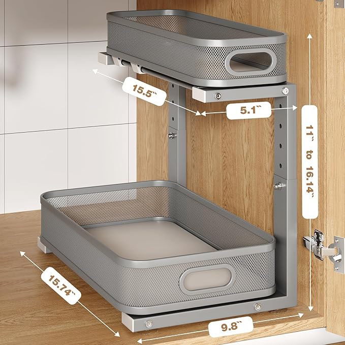2 Pack 15.7IN-Depth Under Sink Organizer With Smooth Cylindrical Rail,2-Tier Pull Out Multi-Purpose Cabinet Storage for Bathr