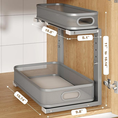1 Pack 15.7IN-Depth Under Sink Organizer With Smooth Cylindrical Rail,2-Tier Pull Out Multi-Purpose Cabinet Storage for Bathr
