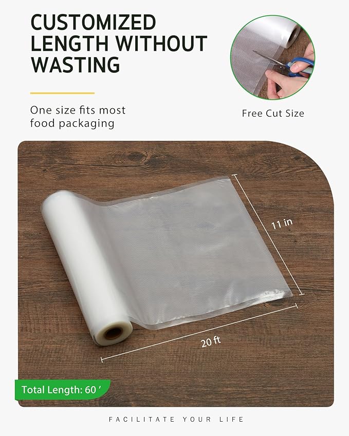 Syntus Vacuum Sealer Bags for Food, 3 Rolls 11" x 20' Commercial Grade Bag Rolls, BPA Free Food Vac Bags for Storage, Meal Pr