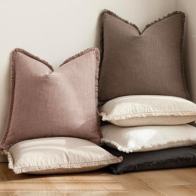 Foindtower Set of 2 Decorative Linen Fringe Lumbar Throw Pillow Covers Farmhouse Cushion Cover with Tassels Soft Accent Pillo