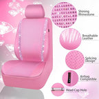 CAR PASS Bling Diamond Car Seat Covers Full Set, Shining Rhinestone Waterproof Faux Leather, Rear with Zipper, Universal Fit Automotive Glitter Crystal Sparkle Strips for Cute Women Girl, Pink