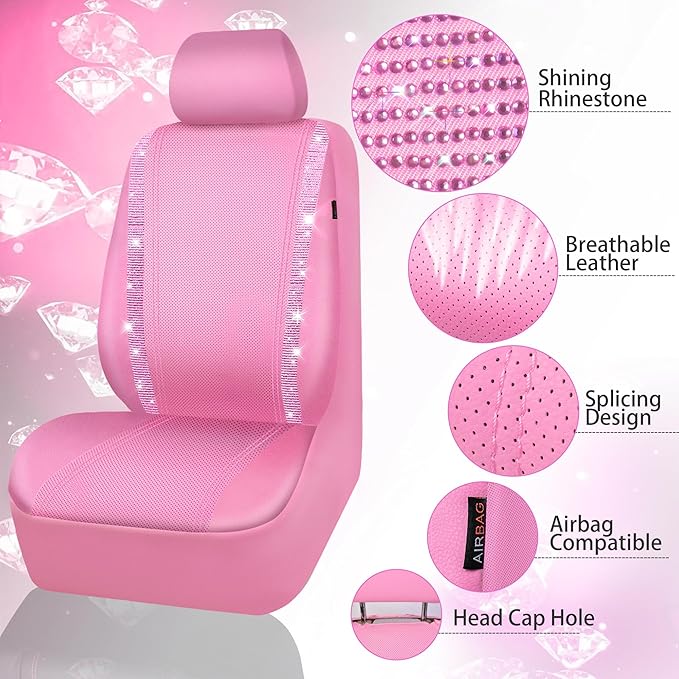 CAR PASS Bling Diamond Car Seat Covers Full Set, Shining Rhinestone Waterproof Faux Leather, Rear with Zipper, Universal Fit Automotive Glitter Crystal Sparkle Strips for Cute Women Girl, Pink