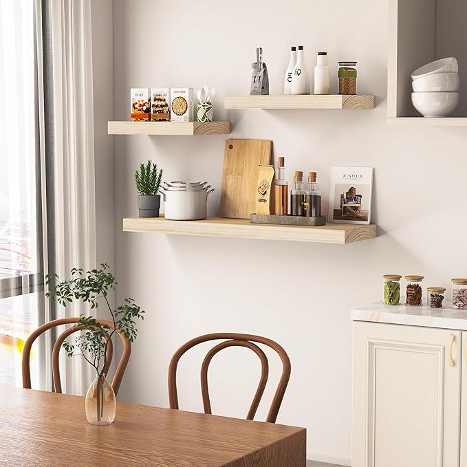Vivelove Natural Wood Floating Shelves 48”，8 inch Deep Floating Shelf with Invisible Brackets, Unfinished Wall Shelves for Li