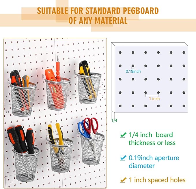 Spakon 6 Sets Pegboard Cups with Ring Hook, Peg Board Baskets Bin Holder Organizer Accessories Pegboard Pencil Cup Multipurpo