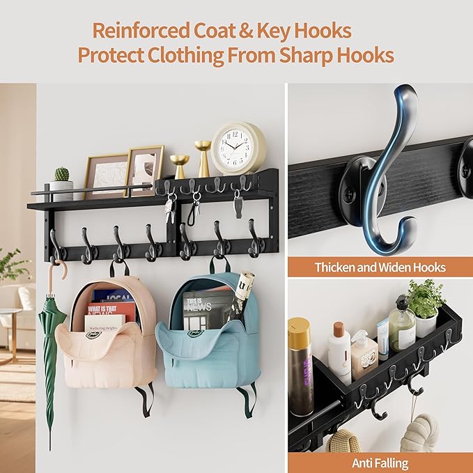 29 inch Coat Rack Wall Mount with Shelf, Set of 2 Heavy Duty Coat Hooks Wall Mount, Entryway Coat Hanger Wall Shelf with Key 