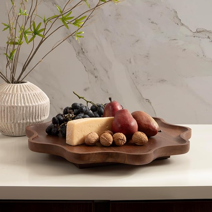 Kate and Laurel Alezar Mango Wood Wavy Round Lazy Susan Tray, 18 Inch Diameter, Walnut Brown, Scalloped Wooden Countertop Org