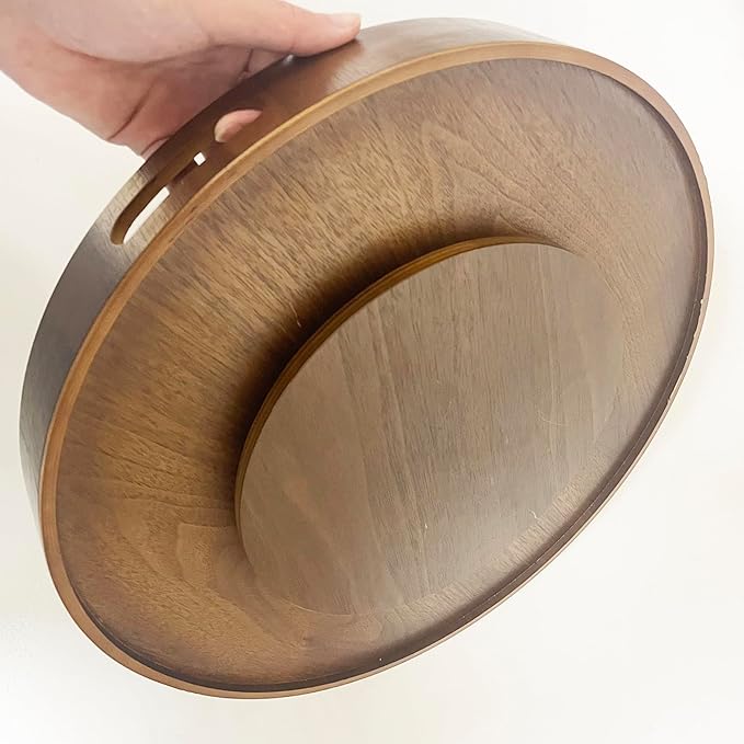 i-lan 16-inch Wooden Lazy Susan Turntable - Large Decorative Rotating Tray Made of Walnut Wood with Dual Handles & Silent Bea