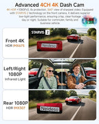 4K STARVIS 2 Dash Cam Front and Rear, 360° 4 Channel Dash Camera for Cars, Car Video Recorder with AI Driver Monitor System, 