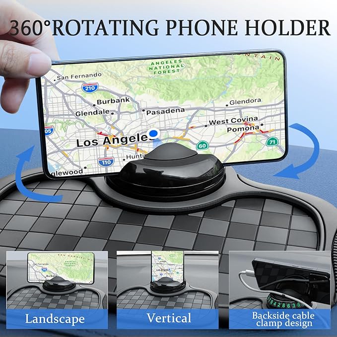 Multifunction Car Anti-Slip Mat Car Dashboard Mat 360° Rotating Adjustable Phone Holder with Hidden Parking Number Plate PVC 