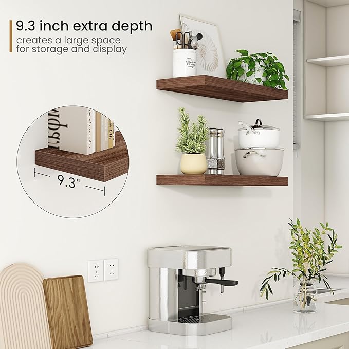 Fun Memories 24 Inch Floating Shelves for Wall, 9.3Inch Deep Floating Shelf, Extra Deeper & Thicker Wall Mounted Storage Shel