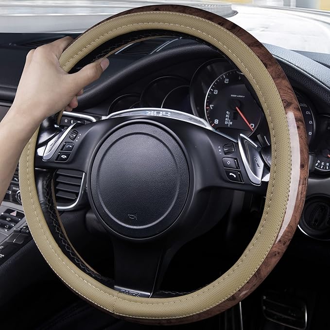 CAR PASS Wood Grain 14.5-15 inch Microfiber Leather Steering Wheel Cover, Anti-Slip Veins Design Steering Wheel Universal Fit