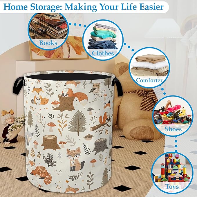 Woodland Fox Laundry Basket Collapsible Laundry Hamper, Oxford Cloth Storage Bin for Room/Bathroom/Bedroom/Dormitories 16" X 