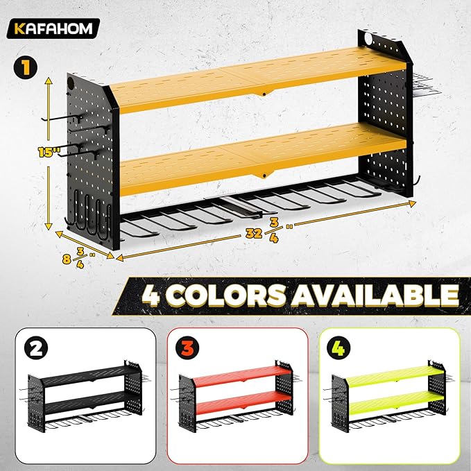 KAFAHOM Power Tool Organizer，Large 8 Drill Holder Wall Mount ，Heavy Duty Metal Tool Shelf with 12 Hooks Storage Rack for Gara