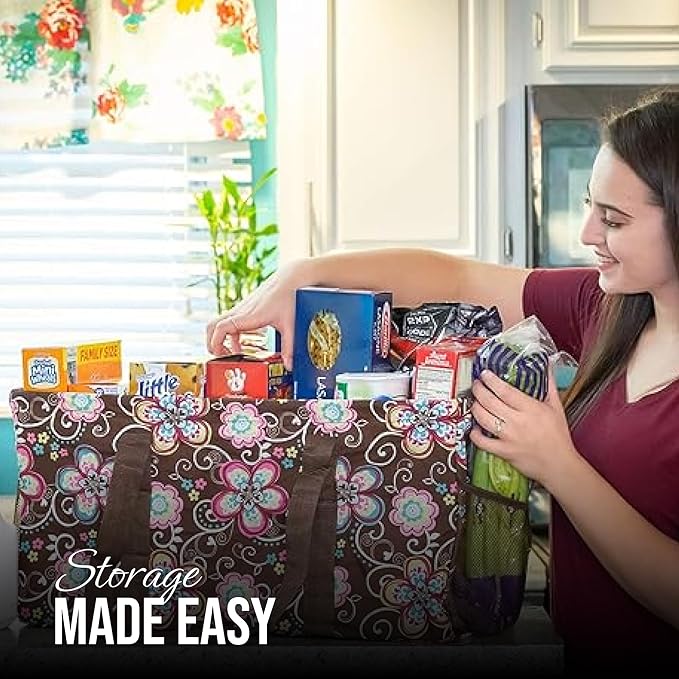 Extra Large Utility Tote Bag - Oversized Collapsible Reusable Wire Frame Rectangular Canvas Basket With Two Exterior Pockets For Beach, Pool, Laundry, Car Trunk, Storage - Brown Daisy