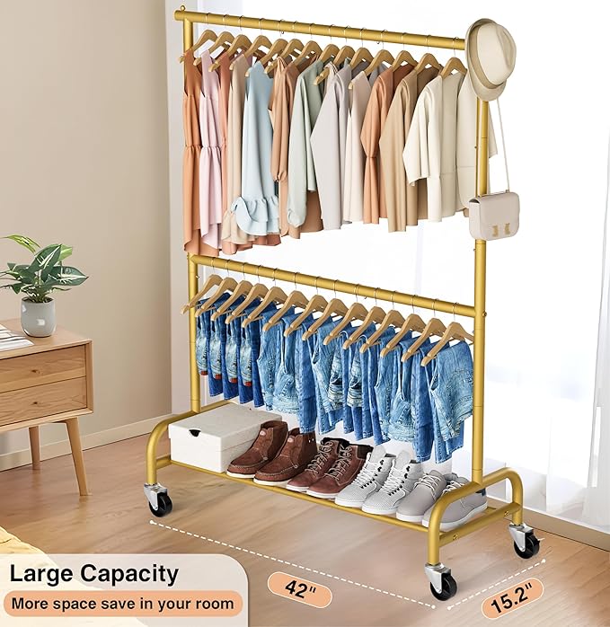 MISSLO Gold Clothing Racks for Hanging Clothes Heavy Duty Clothes Rack Double Garment Rack Metal Rolling Coat Rack Closet War