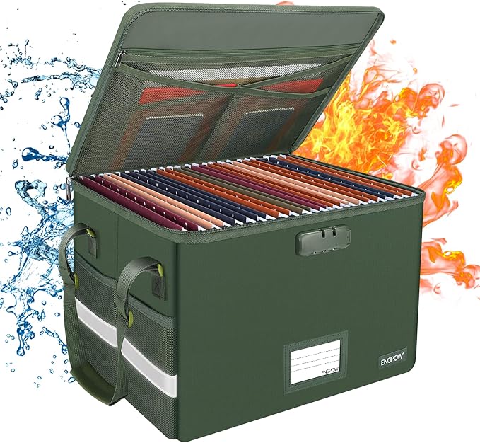 ENGPOW File Box with Lock, Fireproof Document Box with Zipper Lid, Collapsible File Storage Organizer Filing Cabinet with Han