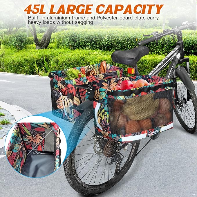 RAYMACE 2Pack Bike Grocery Panniers for Bicycles and Ebikes,Bike Rack Bags with Reflective Spots and Side Pockets,Folding Bike Basket Fits for Most Rear Racks (Leaf)
