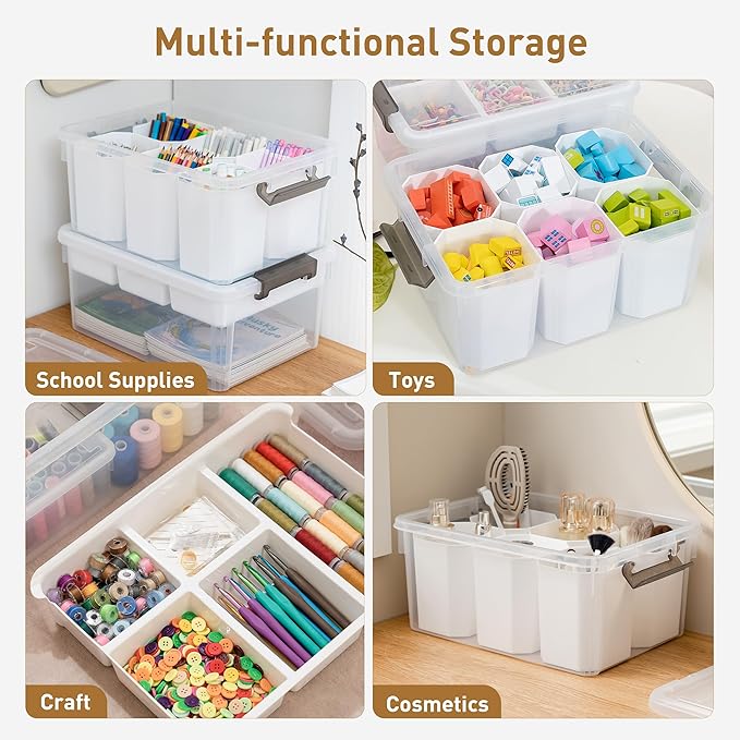 Citylife 17 QT Plastic Storage Box with Removable Tray and 6 Detachable Tall Inserts Craft Organizers and Storage Clear Stora