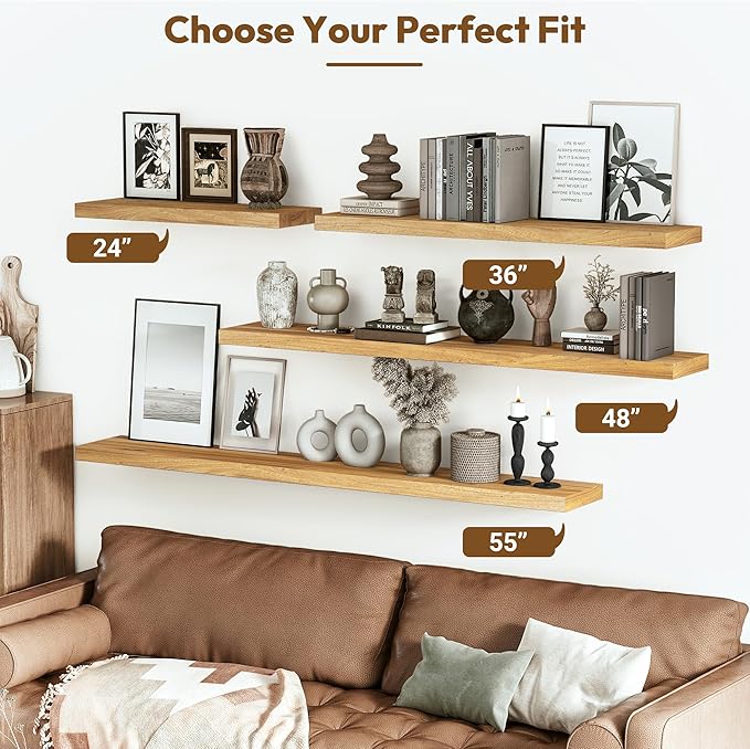 Vivelove Solid Wood Floating Shelves Set of 2, Elm Wood Wall Shelf with Invisible Bracket for Living Room Bedroom Bathroom Of