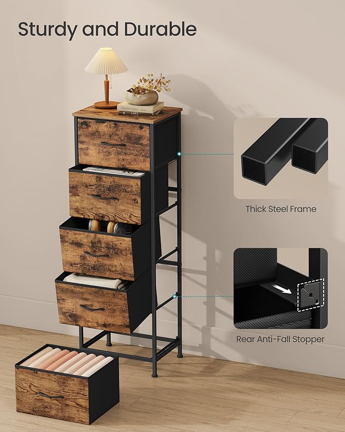 SONGMICS Dresser for Bedroom, Chest of Drawers, Steel, MDF, 5 Non-Woven Fabric Drawers, Storage Organizer Unit, Closet, Entry