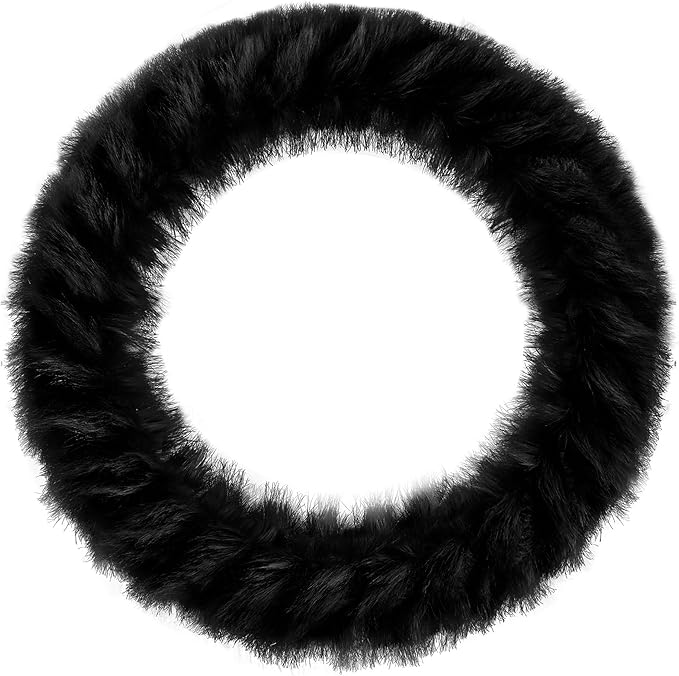 Fuzzy Winter Steering Wheel Cover for Women, Warm Cute Fluffy Car Wheel Cover for Sedan, SUV, Soft Furry Girly Plush Car Handle Cover for Cold Weather, 14.75-15.15in, Black