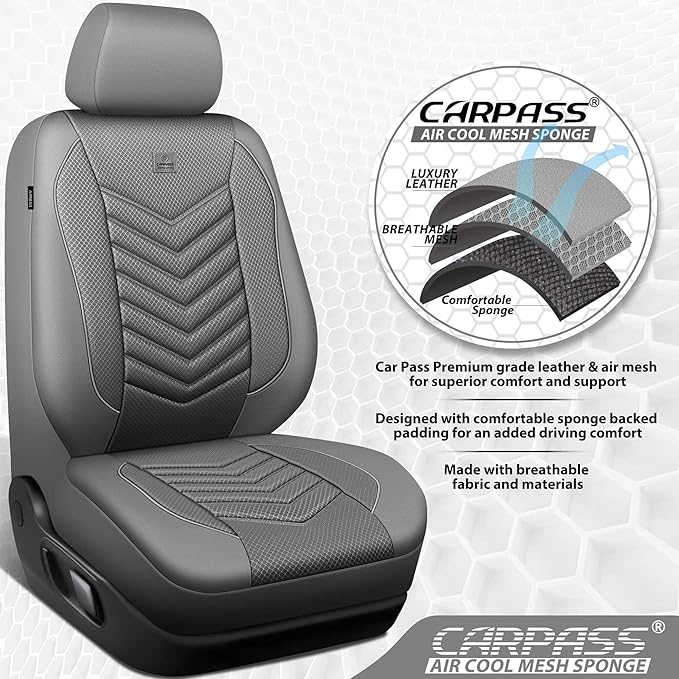 CAR PASS 3D Foam Mesh Leather Car Seat Covers Front Seats, Grey Breathable Front Seat Cover for Cars, Comfortable Universal F