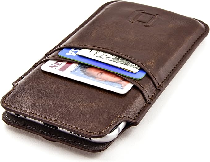 Dockem Provincial Wallet Sleeve for iPhone SE 2/3, 12/13 Mini, 8, 7, 6, 6S (5.4/4.7 inch) – Vintage Vegan Leather Pouch Cover with 2 Card Holder Slots [Brown]