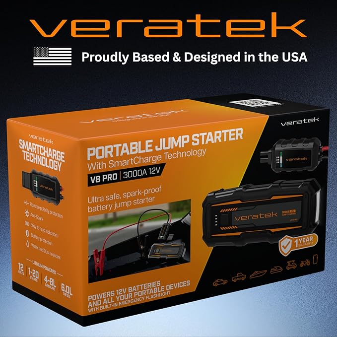 ReelCharge - Veratek V8 Pro 3000A Car Battery Jump Starter Portable (8.0L Gas & 6.0L Diesel) - 12V Lithium Battery Booster