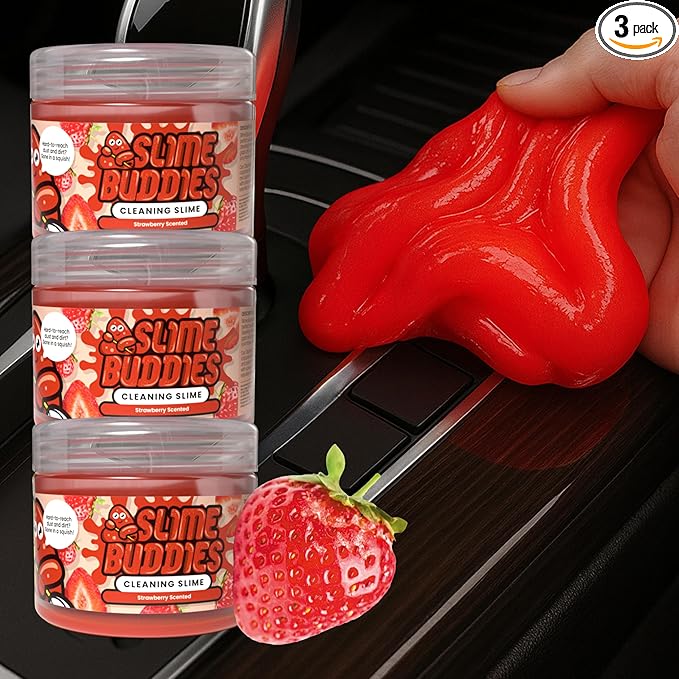 Slime Buddies Car Cleaning Gel Putty - 3 Pack Strawberry Scent Interior Detailing Tool for Cup Holder, Air Vent & Keyboard - 