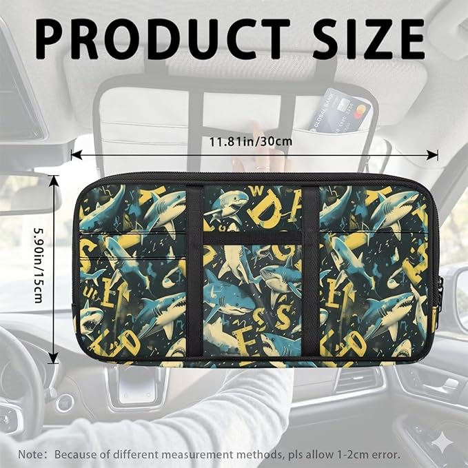 Shark Zippered Small Car Sun Visor Organizer with Adjustable Straps and Multi-Pocket Velcro Storage Pouch Car with Picture Holder Easy Installation Universal Fit for Most Cars SUV