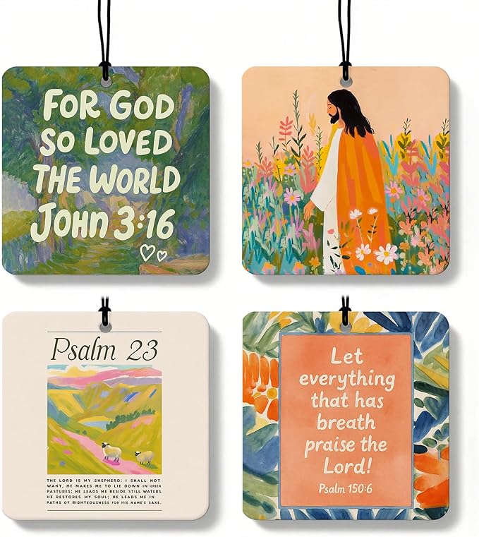 Jesus Christian Square Citrus Car Air Freshener 4 Pcs, Colorful Floral Religious Hanging Air Freshener for Cars Bathroom Dorm