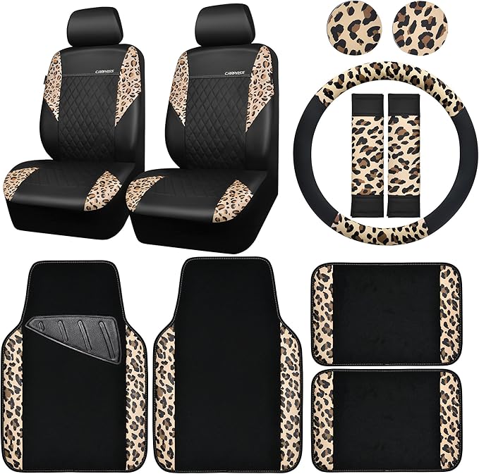 CAR PASS Leopard Print Faux Leather Car Seat Covers & Leopard Car Mats&Leopard Steering Wheel Cover Seat Belt Pad Universal C