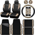 CAR PASS Leopard Print Faux Leather Car Seat Covers & Leopard Car Mats&Leopard Steering Wheel Cover Seat Belt Pad Universal C